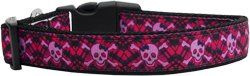 Hot Pink Plaid Skulls Nylon Dog Collar (size: Medium Narrow)