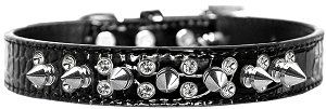 Double Crystal and Spike Croc Dog Collar (size: Black Size 12)